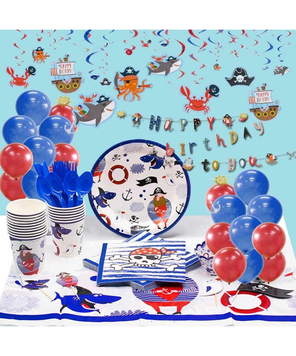 163pcs Pirate Party Supplies Set Pirate Birthday Banner-Balloons-Tablecloth-Spoons-Folks-Knives-Plates-Cups and Pirate Tattoo...