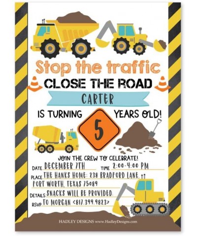 25 Orange Tractor Road Construction Zone Birthday Party Invitations for Boy- Bulldozer Truck Digging Invites for Kids- Yellow...