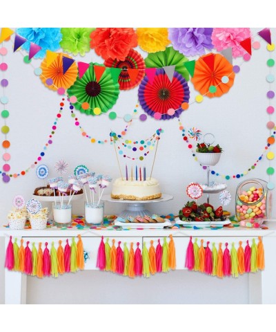 29 Pieces Mexican Fiesta Party Decorations- Includes 6 Pieces Colorful Hanging Paper Fans- 6 Pieces Pom Poms Flowers- 15 Piec...