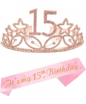 15th Birthday Gifts for Girl- 15th Birthday Tiara and Sash Pink- Happy 15th Birthday Party Supplies- 15 & Fabulous Glitter Sa...
