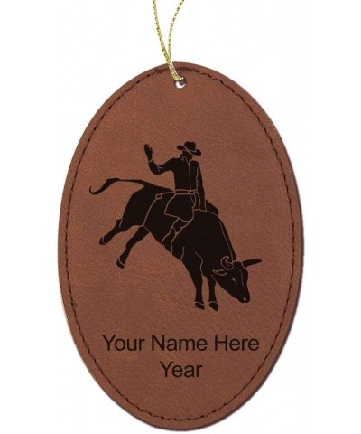 Faux Leather Christmas Ornament- Bull Rider Cowboy- Personalized Engraving Included (Dark Brown- Oval) - Dark Brown - CH18QL6...