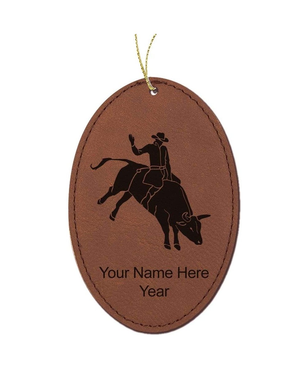 Faux Leather Christmas Ornament- Bull Rider Cowboy- Personalized Engraving Included (Dark Brown- Oval) - Dark Brown - CH18QL6...