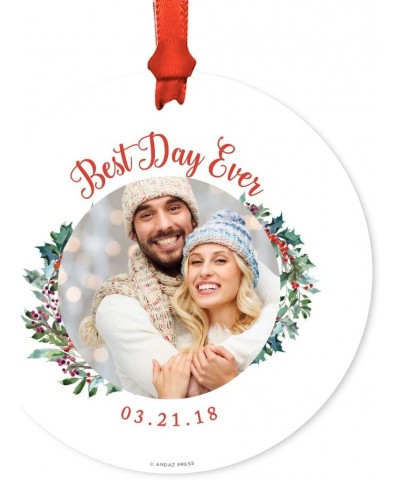 Photo Personalized Metal Christmas Ornament- Wedding- Best Day Ever- Date- 1-Pack- Includes Ribbon and Gift Bag- Custom Bride...