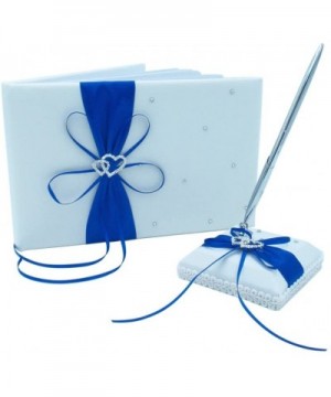 Wedding Guest Book + Pen Stand + Pen Set Ribbon Bowknot Double Heart Rhinestone Décor Party Favor-Royal Blue - Royal Blue - C...