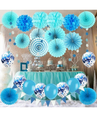 Party Hanging Paper Fans Set- Blue Confetti Balloons Decorative Folding Fans Paper Pompoms and Triangle Bunting Flags Garland...