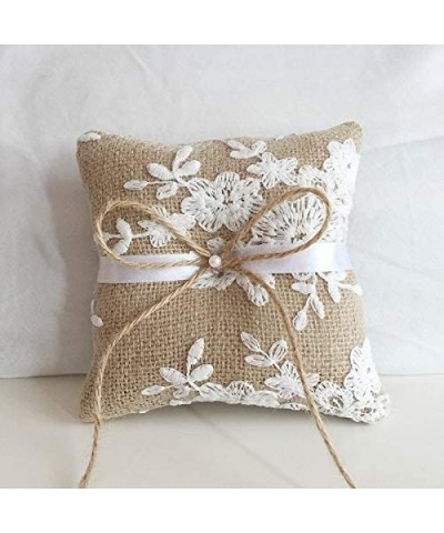 Burlap Ring Bearer Pillow Lace Bow Flower Bridal Embroided Wedding Accessories Vintage Rustic Country Ceremony Cushion - CD18...