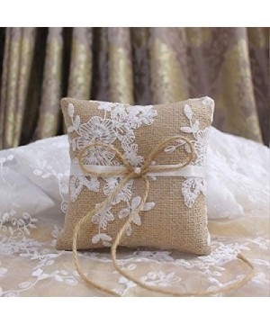 Burlap Ring Bearer Pillow Lace Bow Flower Bridal Embroided Wedding Accessories Vintage Rustic Country Ceremony Cushion - CD18...