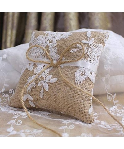 Burlap Ring Bearer Pillow Lace Bow Flower Bridal Embroided Wedding Accessories Vintage Rustic Country Ceremony Cushion - CD18...