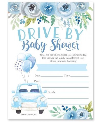 25 Blue Floral Drive by Baby Shower Invitations- Use for the Couples Gender Reveal Party or Sprinkle Car Parade- Green Flower...