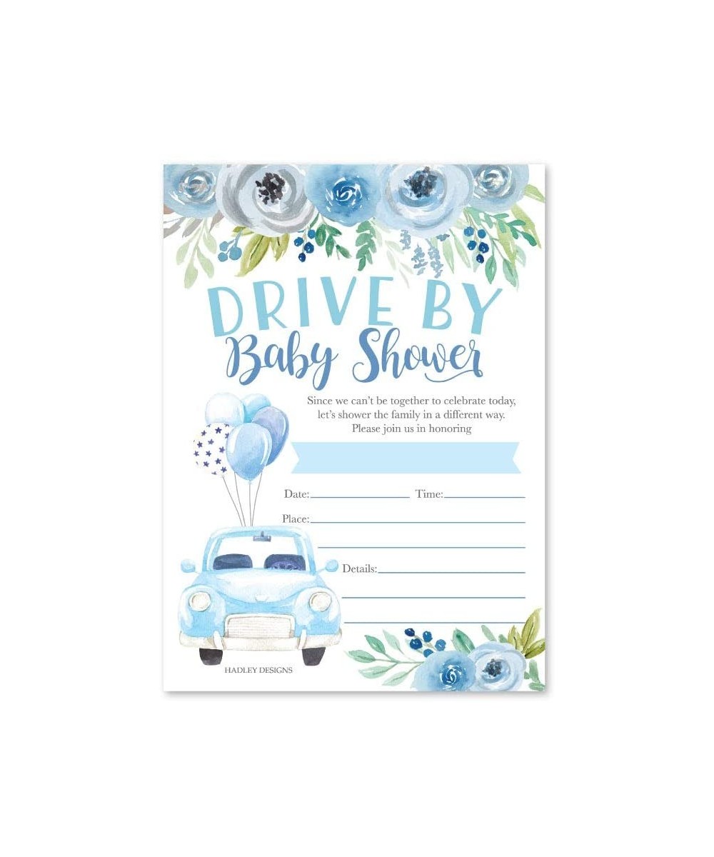25 Blue Floral Drive by Baby Shower Invitations- Use for the Couples Gender Reveal Party or Sprinkle Car Parade- Green Flower...