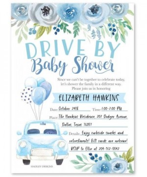 25 Blue Floral Drive by Baby Shower Invitations- Use for the Couples Gender Reveal Party or Sprinkle Car Parade- Green Flower...