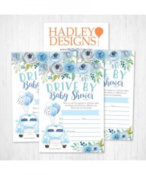 25 Blue Floral Drive by Baby Shower Invitations- Use for the Couples Gender Reveal Party or Sprinkle Car Parade- Green Flower...