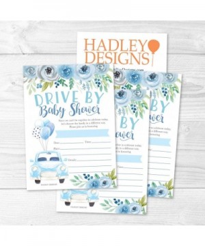 25 Blue Floral Drive by Baby Shower Invitations- Use for the Couples Gender Reveal Party or Sprinkle Car Parade- Green Flower...