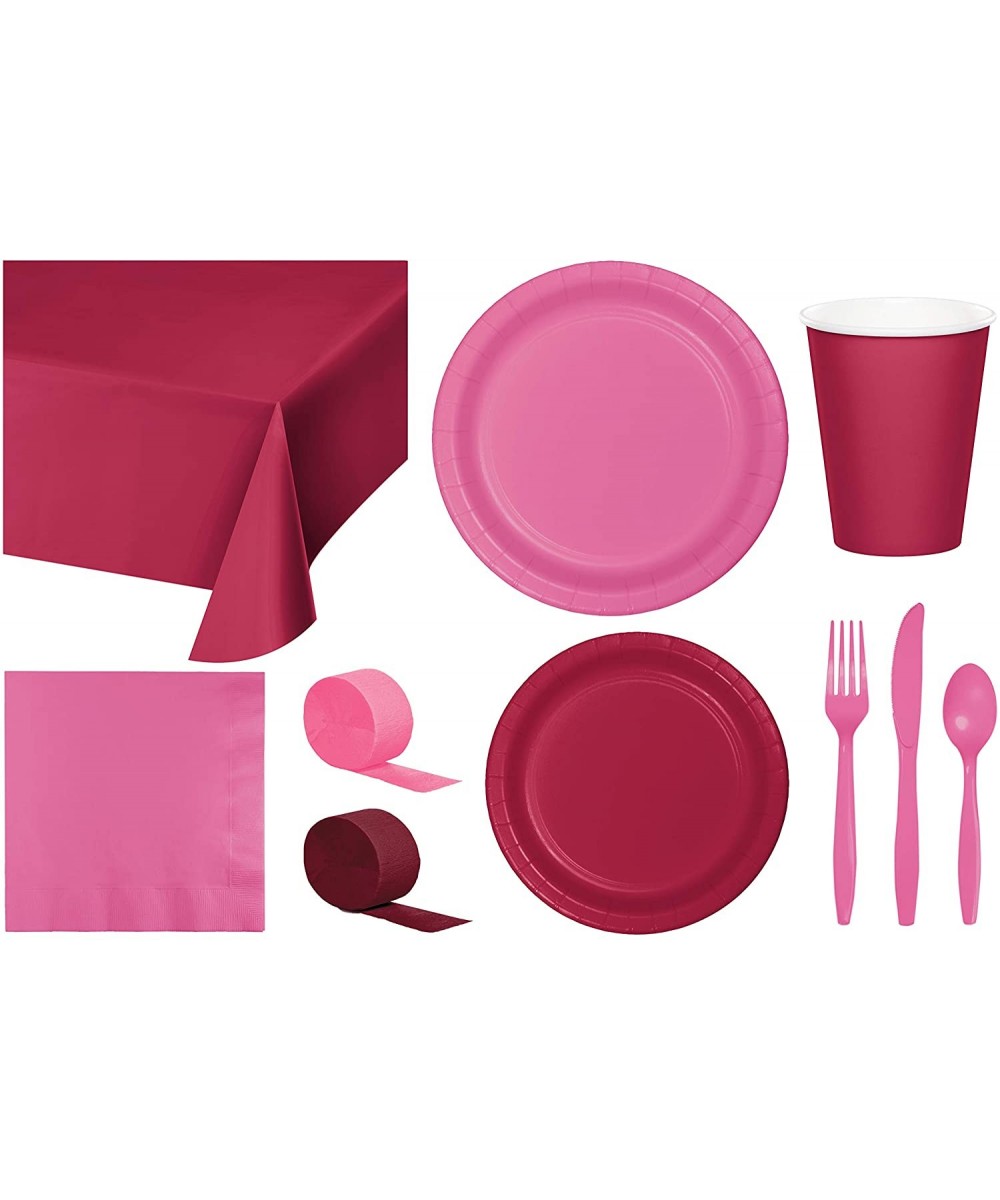Party Bundle Bulk- Tableware for 24 People Burgundy and Candy Pink- 2 Size Plates Napkins- Paper Cups Tablecovers and Cutlery...