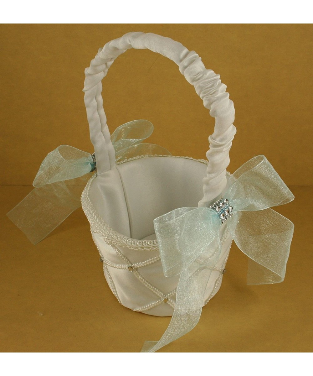 White Fabric Lattice Design Wedding Flower Girl Basket Organza Bow & Faux Rhinestone Accent (LIGHT BLUE BOW) - Light Blue Bow...