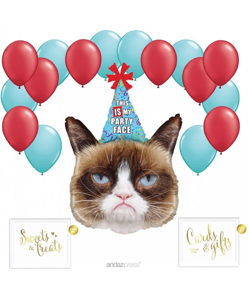 Balloon Party Kit with Gold Ink Signs- Grumpy Cat with Red and Diamond Blue Latex Balloons- 19-Piece Kit - Birthday Grumpy Ca...