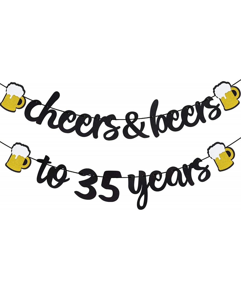 Cheers & Beers to 35 Years Black Glitter Banner for 35th Birthday Wedding Aniversary Party Supplies Decorations - PRESTRUNG -...
