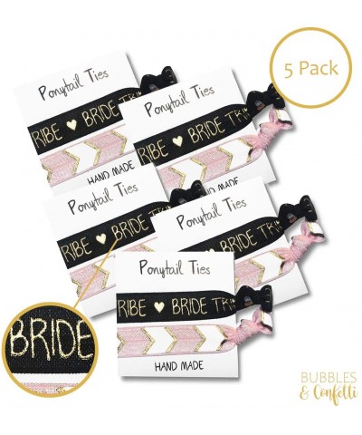 Bridesmaid Hair Ties Set of 5 - Party Favors - Bachelorette Team Bride Tribe Gift Elastics Bracelets - Pink and Black - CA18W...