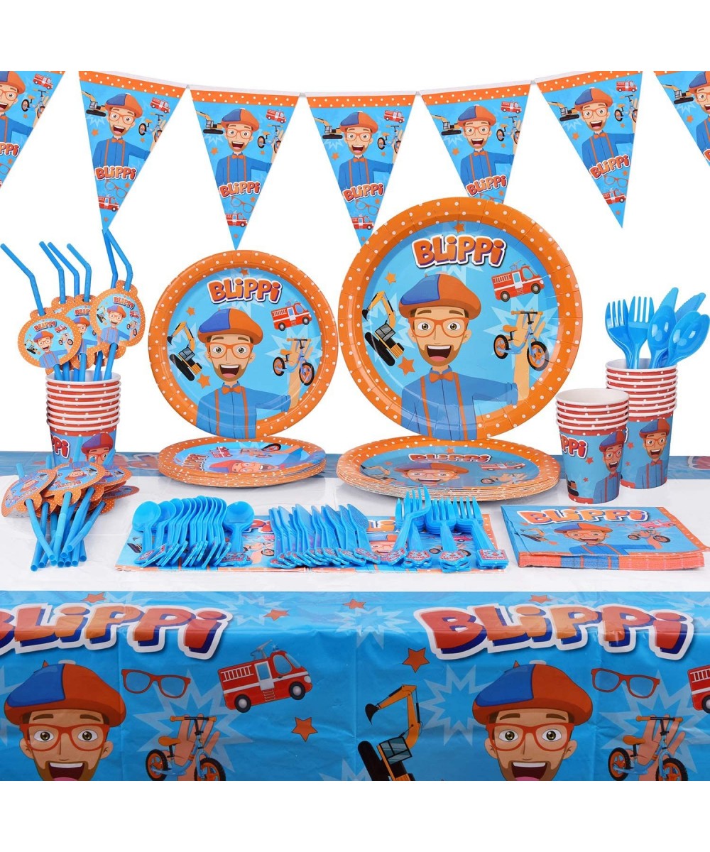 131pcs For Blippi Party Supplies Kit - Blippi Party Favors Birthday Party Decoration Table Cover Plates Cups Napkins Straws U...