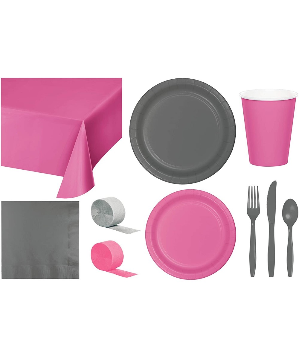 Party Bundle Bulk- Tableware for 24 People Candy Pink and Gray- 2 Size Plates Napkins- Paper Cups Tablecovers and Cutlery- Bo...