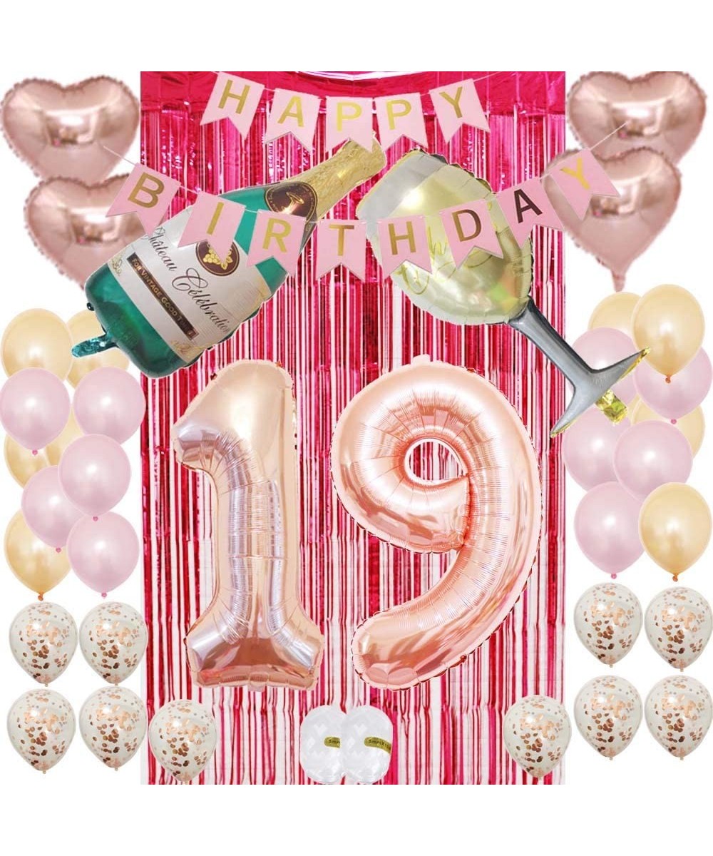 19th Birthday Decorations for Women&Girls Rose Gold -Large Champagne Bottle-19 Number Balloons-Wine Red Foil Fringe Curtains ...