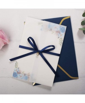 20PCS Vellum Wedding Invitations with Ribbon and Printed Blue Watercolor Floral Insert- Envelope with Gold Border for Bridal ...