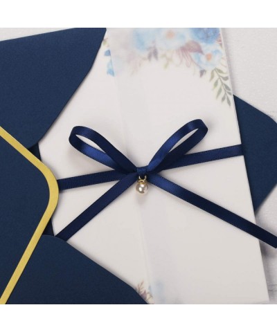 20PCS Vellum Wedding Invitations with Ribbon and Printed Blue Watercolor Floral Insert- Envelope with Gold Border for Bridal ...