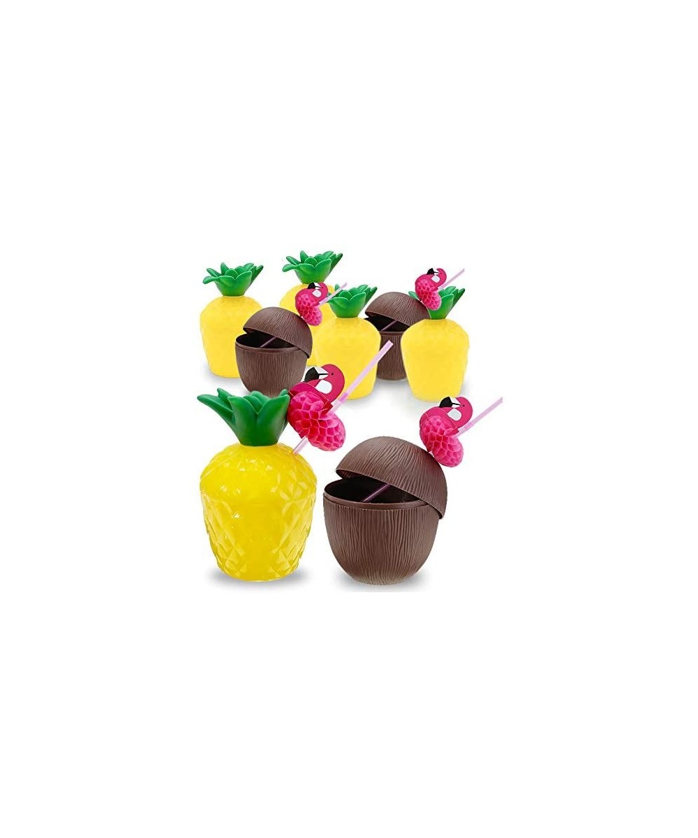 Pineapple Drink Cups Coconut Cups 12PCS Leak Prevention Drink Cups Hawaiian Luau Plastic Party Cups with Flamingo Straws- Haw...