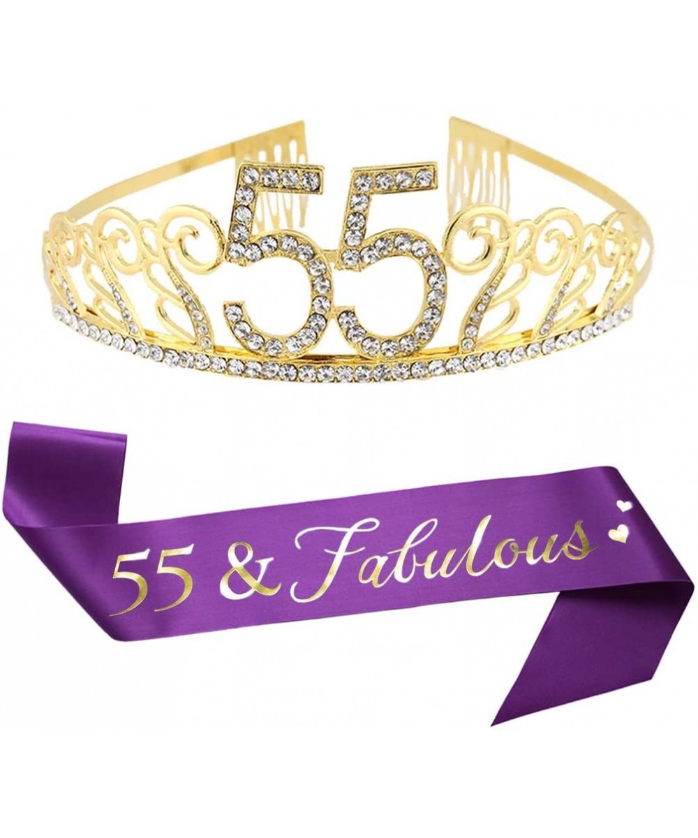 55th Birthday Gold Tiara and Sash- 55 & Fabulous Glitter Satin Sash and Crystal Rhinestone Birthday Crown for Happy 55th Birt...