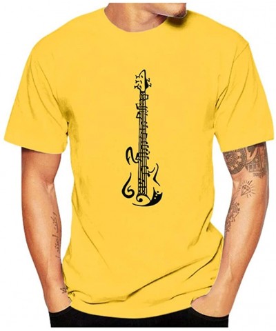 Mens Summer Round Neck Short Sleeve T Shirt Mens Fashion Musical Note Print Casual Shirt Top - Yellow - CI196TWLINX $9.45 Bir...