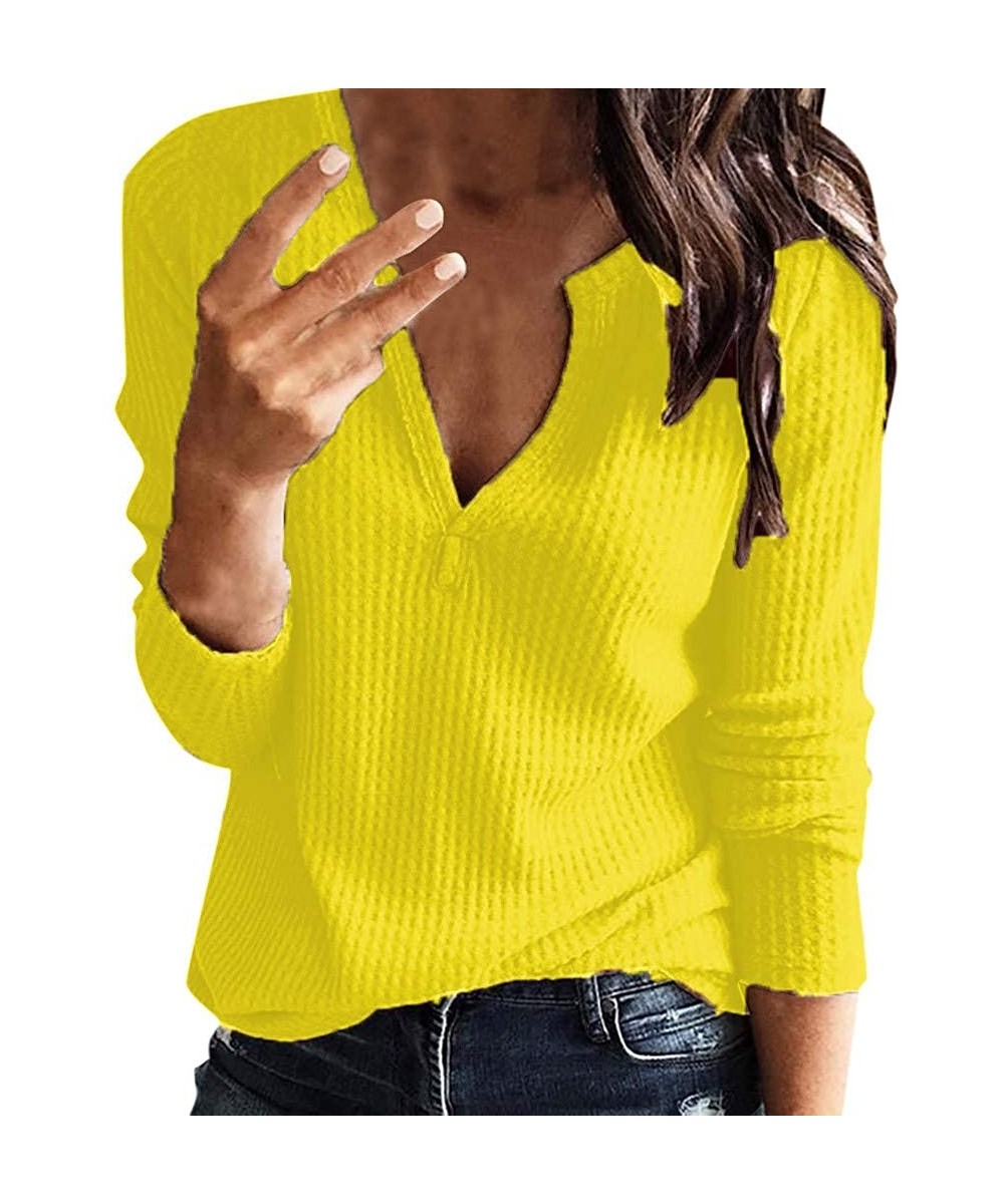 Women's Casual Long Sleeve V Neck Solid Henley Shirt Rib Knit Blouse Button Tunic Tops - Z-yellow - CE1935EISKY $17.02 Cake D...