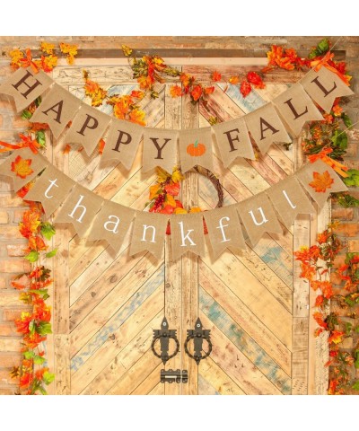 2 Pieces Thankful Banner Happy Fall Banner Burlap Thanksgiving Fall Rustic Garland Banner Set for Fall Harvest Thanksgiving D...