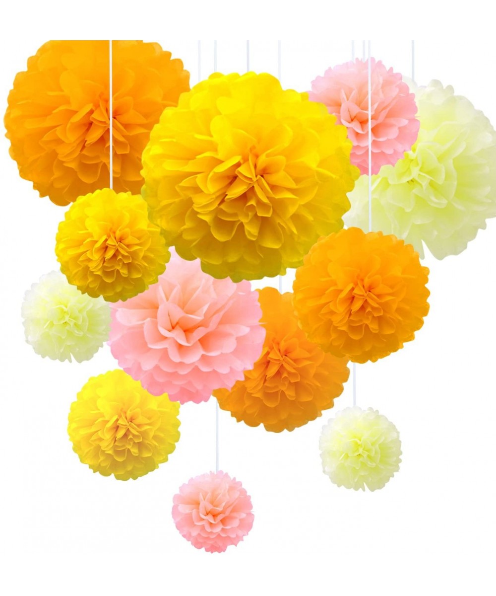 12pcs Tissue Paper Pom Poms Flowers Party Decoration Yellow Pink Orange Kit Set of 14- 12- 10 Inch- Wedding Birthday Baby Sho...