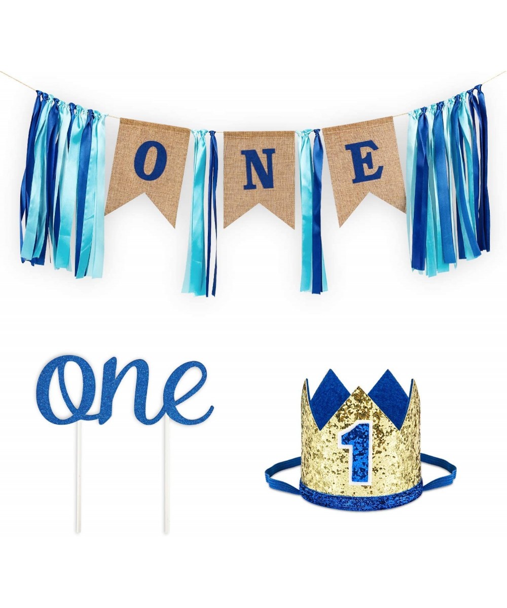 1st Birthday Boy Decorations with Burlap Highchair Banner- Cake Topper- Blue Hat Crown for Happy First Birthday Party Decorat...