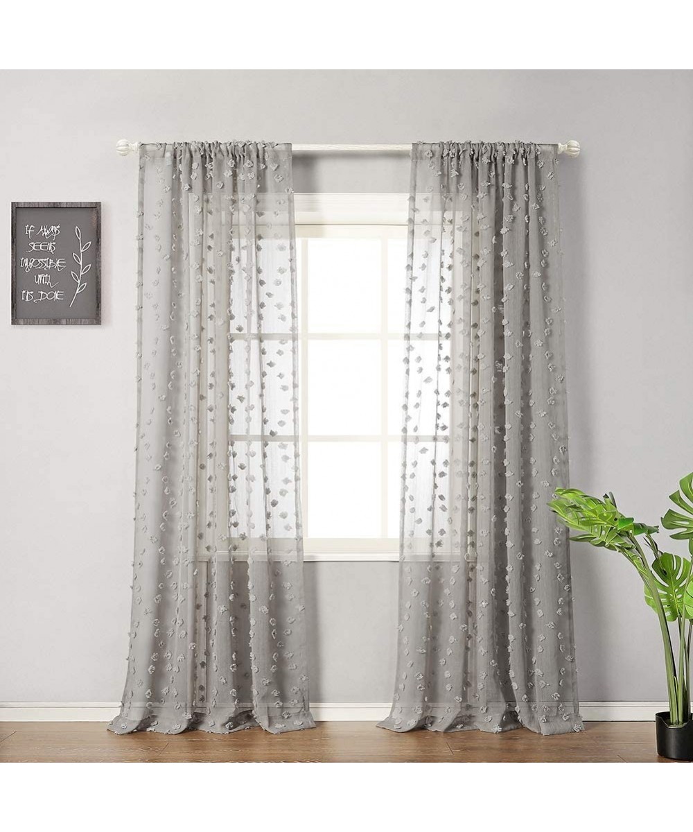 Pom Pom Sheer Curtains Rod Pocket Voile Sheer Drapes Window Curtains for Bedroom Living Room (2 Panels- 54" x 96"- Grey) - Gr...