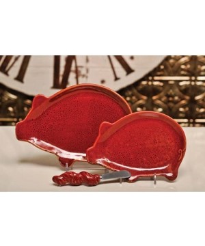 Summer Entertaining Collection Glazed Ceramic Pig Serving Plates and Spreader- 3-Piece Set- Scarlet Red - Scarlet Red - C911E...