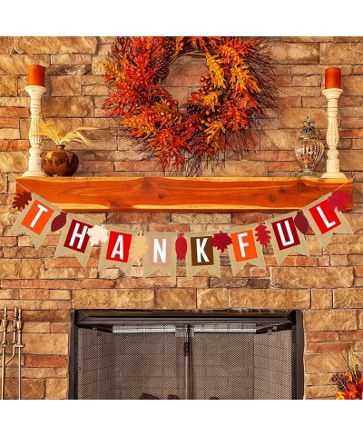 Thankful Burlap Banner Fall Autumn Maple Leaves Rustic Burlap Harvest Banner Mantel Fireplace Wall Hanging for Home Office Sc...