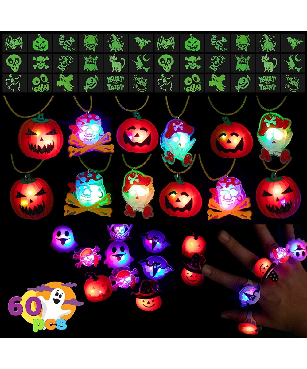 60 Pcs Fancy Halloween LED Light Up Gifts Set- Luminous Flash Rings- Light-up Necklace and Tattoos for Halloween Gift- Hallow...