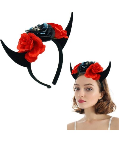 Halloween Horn Headband with Flower Gothic Horn Headband Horn Headband for Halloween Party Favors - CX19HLU0SUC $4.63 Party Hats