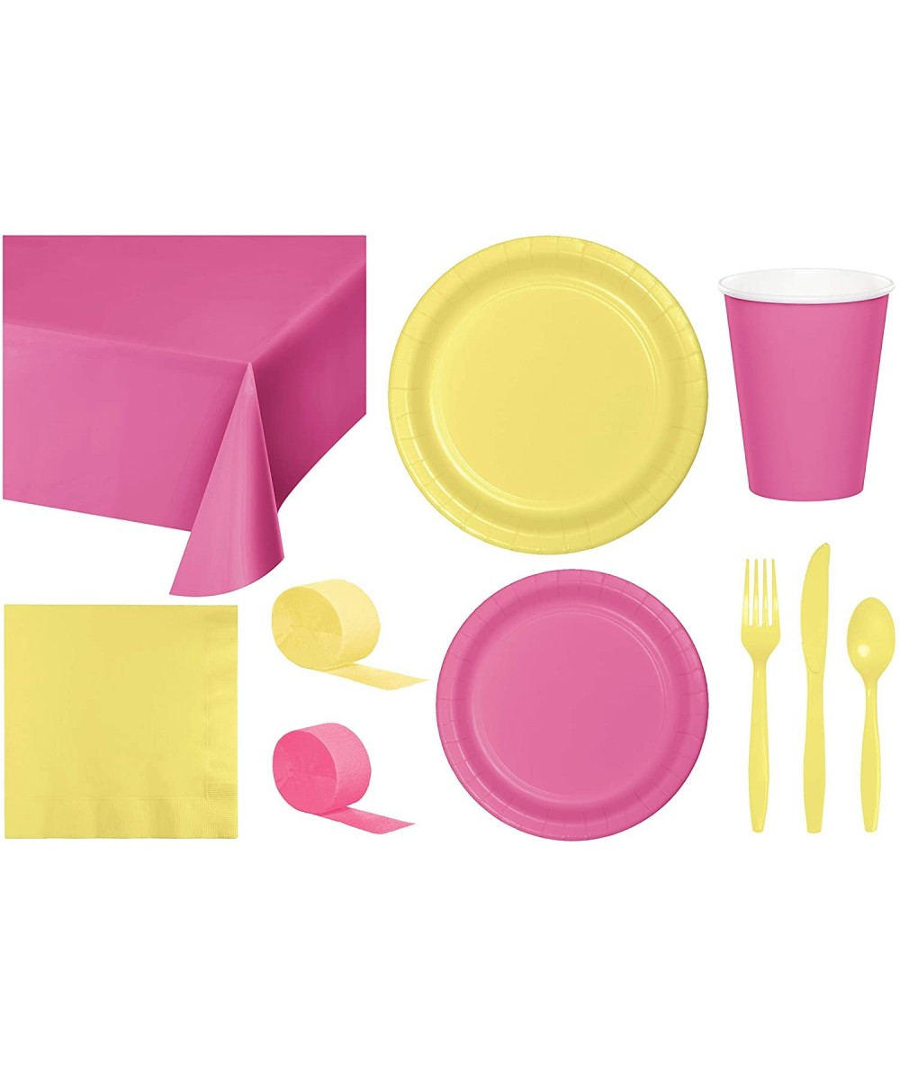Party Bundle Bulk- Tableware for 24 People Candy Pink and Mimosa Yellow- 2 Size Plates Napkins- Paper Cups Tablecovers and Cu...