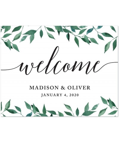 Personalized Wedding Party Signs- Natural Greenery Green Leaves- 8.5x11-inch- Welcome - Bride & Groom- Date- 1-Pack- Custom M...