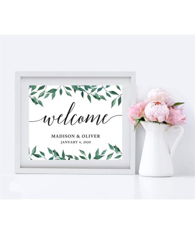 Personalized Wedding Party Signs- Natural Greenery Green Leaves- 8.5x11-inch- Welcome - Bride & Groom- Date- 1-Pack- Custom M...