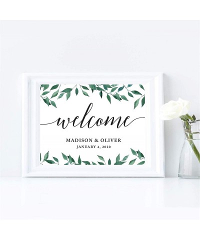 Personalized Wedding Party Signs- Natural Greenery Green Leaves- 8.5x11-inch- Welcome - Bride & Groom- Date- 1-Pack- Custom M...