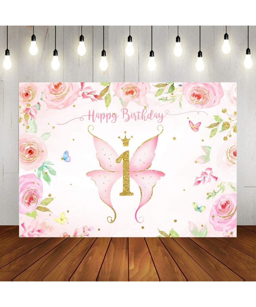 Girl Butterfly Birthday Backdrop Spring Pink Watercolor Floral First Birthday Party Photography Background Princess Happy 1st...