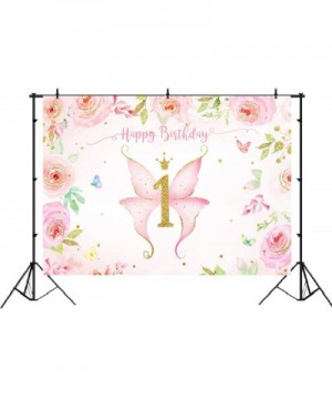 Girl Butterfly Birthday Backdrop Spring Pink Watercolor Floral First Birthday Party Photography Background Princess Happy 1st...