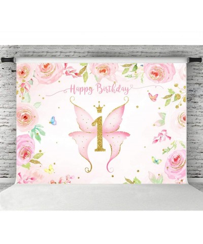 Girl Butterfly Birthday Backdrop Spring Pink Watercolor Floral First Birthday Party Photography Background Princess Happy 1st...