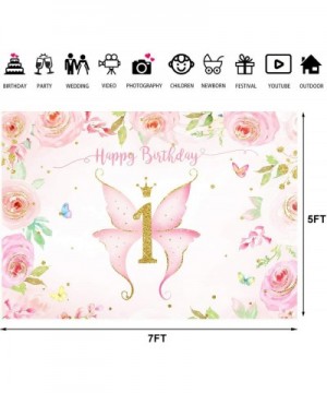 Girl Butterfly Birthday Backdrop Spring Pink Watercolor Floral First Birthday Party Photography Background Princess Happy 1st...