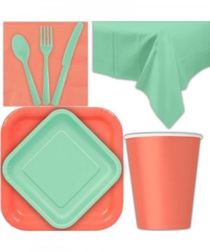 Disposable Party Supplies for 28 Guests - Coral and Mint - Square Dinner Plates- Square Dessert Plates- Cups- Lunch Napkins- ...