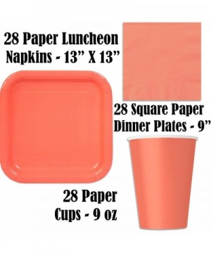 Disposable Party Supplies for 28 Guests - Coral and Mint - Square Dinner Plates- Square Dessert Plates- Cups- Lunch Napkins- ...