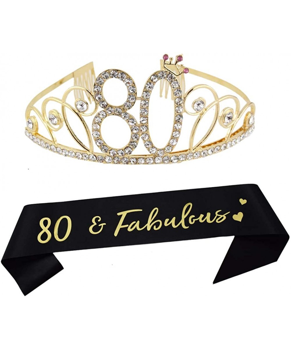 80th Birthday Tiara and Sash Happy 80th Birthday Party Supplies 80 Fabulous Black Glitter Satin Sash and Gold Crystal Tiara P...
